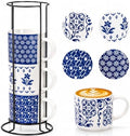 Eorbow 4 Pack Ceramic Coffee Mug Set with Rack, 16 OZ Stackable