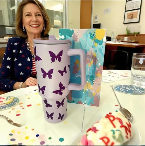 40OZ Butterfly Insulated Tumbler with Handle,Purple Tumbler with Lid