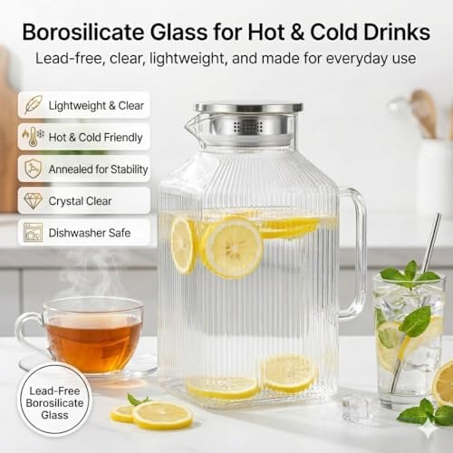 Glass Tea Pitcher, Lumirive 1 Gallon Square Fridge Jug with Strainer