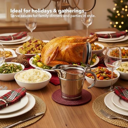 OVENTE Stainless Steel Gravy Boat with Hinged Lid, 14Oz, Silver