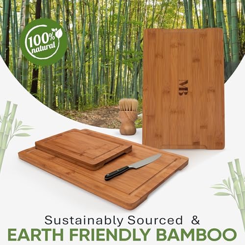 MelBell Bamboo Cutting Board Set Of 3 for Kitchen - Wooden Chopping