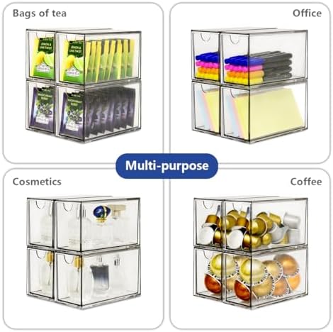 4 Pack Tea Bag Drawers Organizer, Clear Plastic Stackable Tea