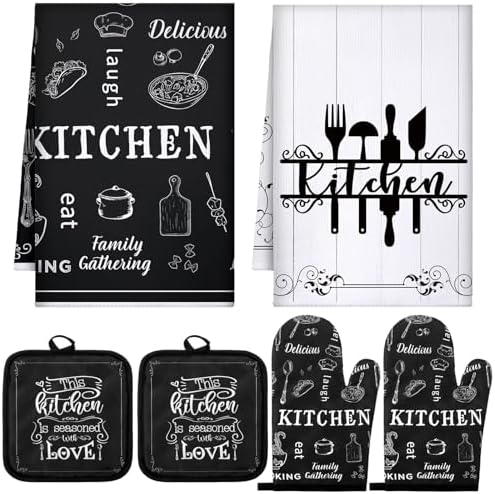 Leinuosen 6 Pcs Farmhouse Kitchen Towel Set with Oven Mitt, Black and