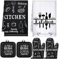 Leinuosen 6 Pcs Farmhouse Kitchen Towel Set with Oven Mitt, Black and