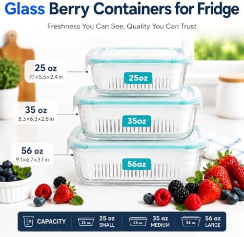 3 Pack Glass Berry Container Set with Removable Colander