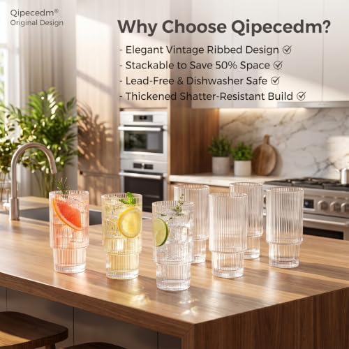 Qipecedm® 6 Pack Ribbed Drinking Glasses, 16 oz Vintage Glass Cups