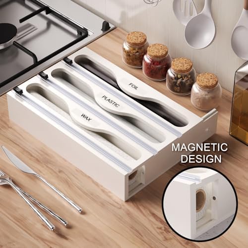 Wrap Dispenser with Cutter and Labels, Plastic Wrap Organizer For Kitchen,Bamboo 3-in-1 Wrap Dispensers for Cling Wrap Aluminum Foil and Wax,Storage Organization Holder（White）