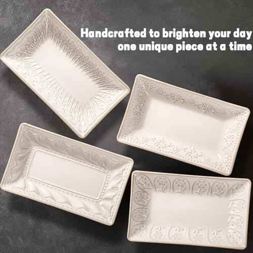 Artena Salad Plates Set of 4, 9.85" Embossed Ceramic Rectangular Appetizer Plates, Deep Lipped Edges, Microwave & Dishwasher Safe, Dessert Sushi Pasta Serving Plates (White, Multiple Patterns)