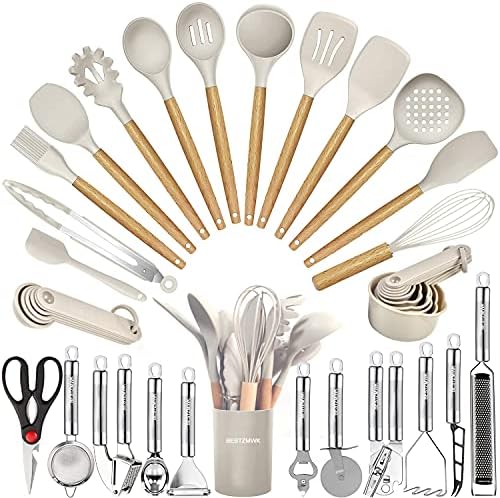 35-Piece Silicone Kitchen Utensil Set, Wooden Handles