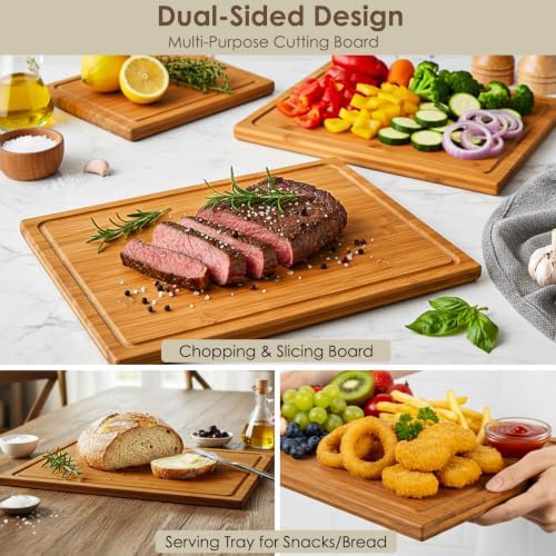 3 Packs Bamboo Cutting Board for Kitchen with Juice Grooves & Storage