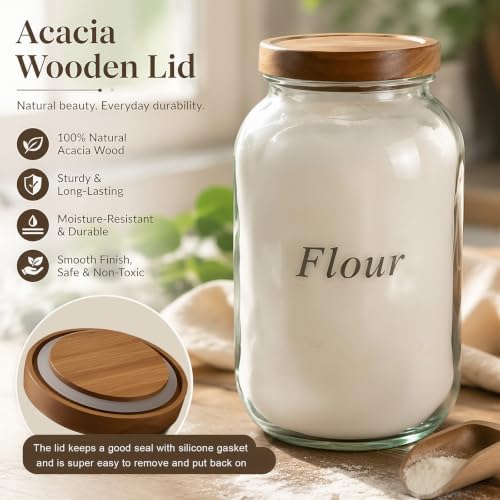 2 Pack Glass Flour Sugar Storage Containers with Acacia Wooden Lid