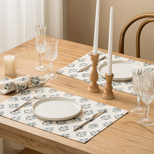 Block Print Floral Decorative Placemats Set of 6, Dusty Blue