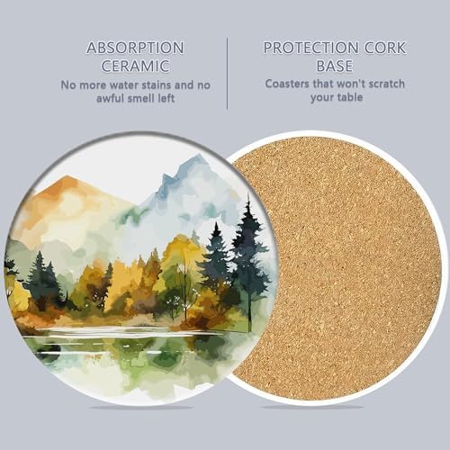 Table Coaster for Drinks Set of 6, Watercolor Misty Forest Round