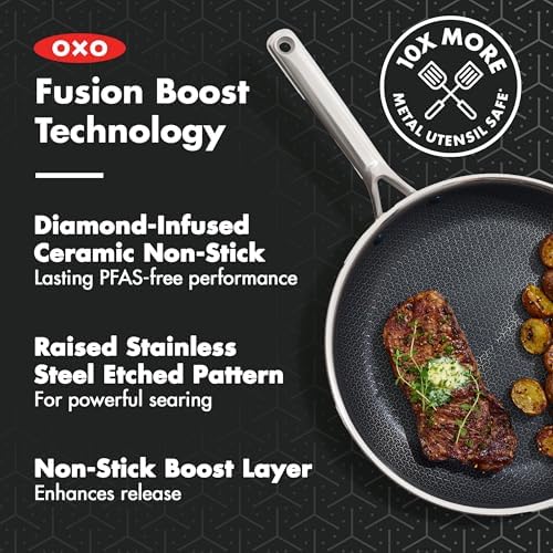 OXO Hybrid 8” 10” & 12” Frying Pan Skillet Set With Lids, PFAS-Free Ceramic Nonstick, Fusion Boost Tech, Powerful Searing, Induction & All Cooktop Compatible, Dishwasher Safe, Mirror Polished Tri-Ply