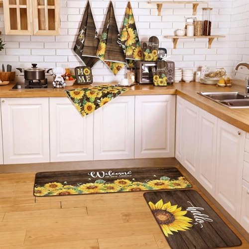 Fourluoo 10 Pcs Sunflower Kitchen Set Kitchen Towels and Rugs Mats