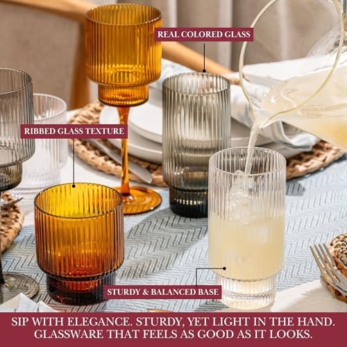 Qualia Carousel Highball Glasses Set of 4 Ribbed Glass Cups 18 oz