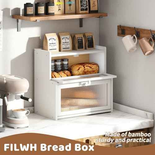 Bread Box for Kitchen Countertop Double Layer Large Corner Bread Box Capacity Bread Storage Bin Farmhouse Breadbox Container Organizer Cabinet Cupboard (White)