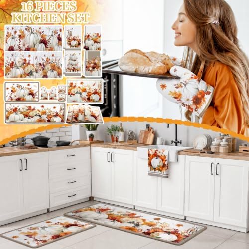 16 Pcs Fall Thanksgiving White Pumpkin Kitchen Decor Accessories Set