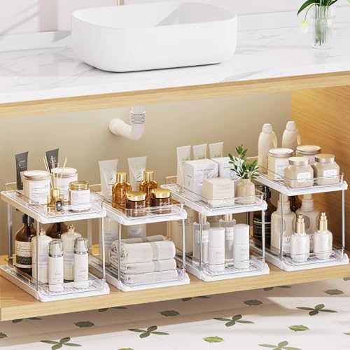Delamu 2-Tier Under Sink Organizers, White, 4 Pack