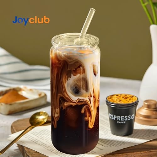 Joyclub 2pcs Glass Cups with Acrylic Lids and Straws 20 oz Drinking