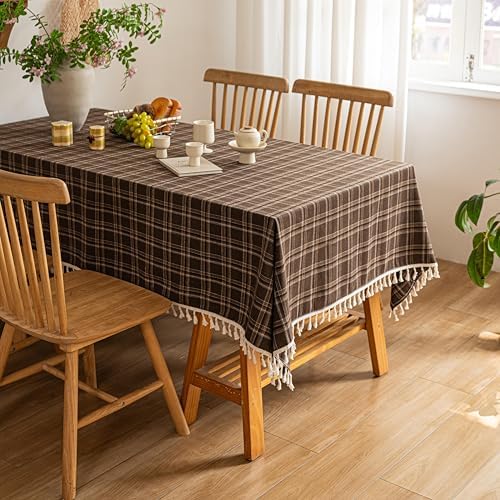 Farmhouse Plaid Tablecloth with Tassel Fringe, Polyester Cotton Rustic