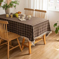 Farmhouse Plaid Tablecloth with Tassel Fringe, Polyester Cotton Rustic