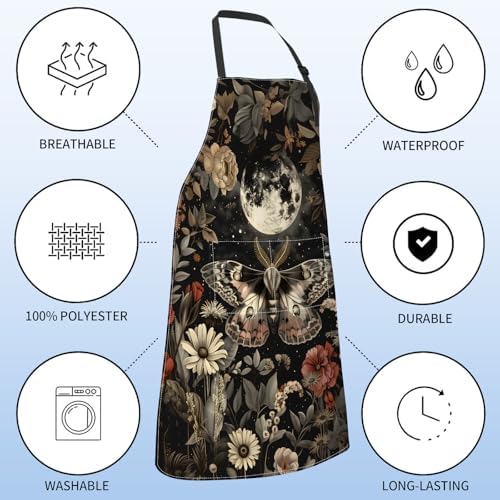 Mystical Moth Apron for Women with Moon,28x33in, Vintage Floral