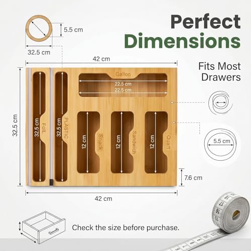 FUSHITON 6 in 1 Bamboo Food Storage Bag Organizer, Plastic Wrap