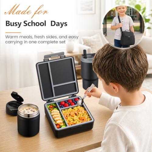 Pawtong Lunch Box Set with 17OZ Food Thermo, Black