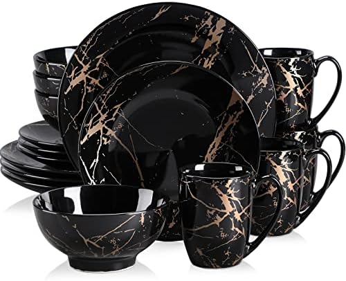 LOVECASA Black Plates and Bowls Sets for 4, Porcelain Dinnerware Sets