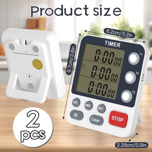 2-Piece Digital 3-Channel Kitchen Timers, Magnetic Countdown