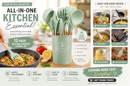 Caboh Silicone Kitchen Utensil Set, 12-Piece, Light Green