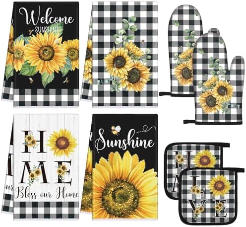 Leinuosen 8 Pcs Sunflower Plaid Kitchen Towels Dishcloths Accessories