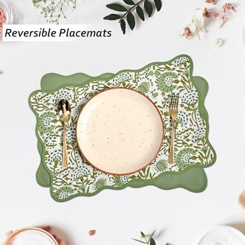CPC Agate Green Block Print Reversible Scallop Placemat 14x20 Inch Set