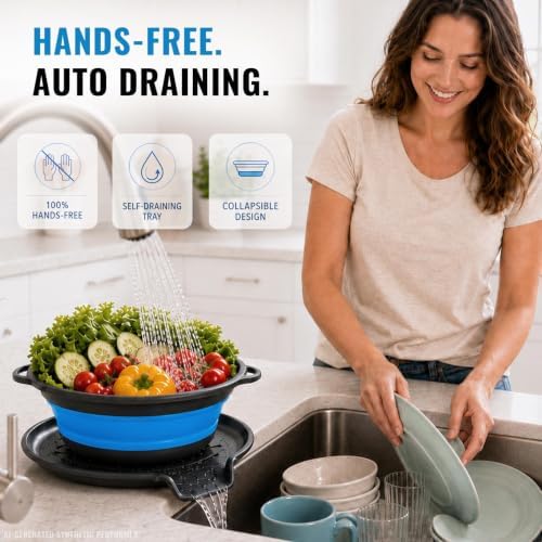 2 Collapsible Colanders with Self-Draining Tray(Blue)
