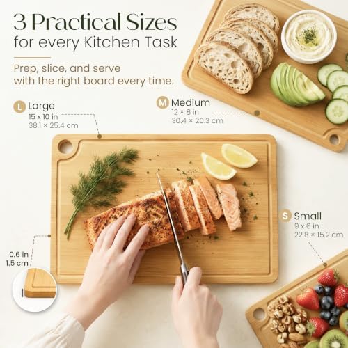 3-Piece Bamboo Cutting Boards - Large Wood Cutting Boards for Kitchen