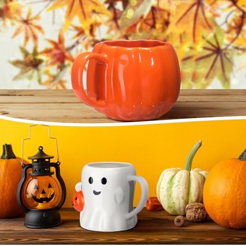 LemonRoad 2 Pcs 14 oz Halloween Ceramic Mugs, 3D Ghost Pumpkin
