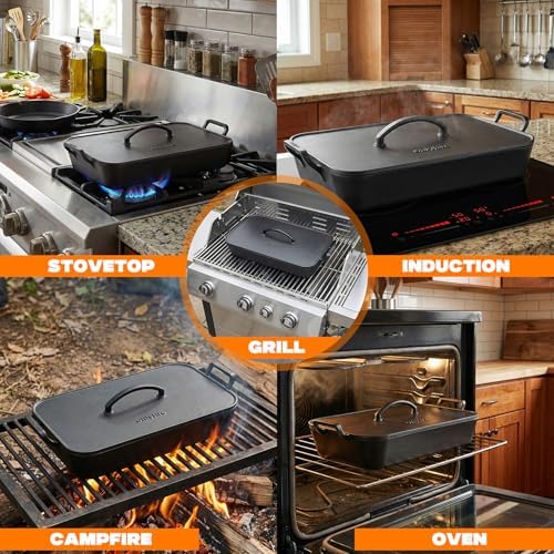 Onlyfire Cast Iron Dutch Oven Casserole Dish, 16.5 x 10.5 x 7 Inch