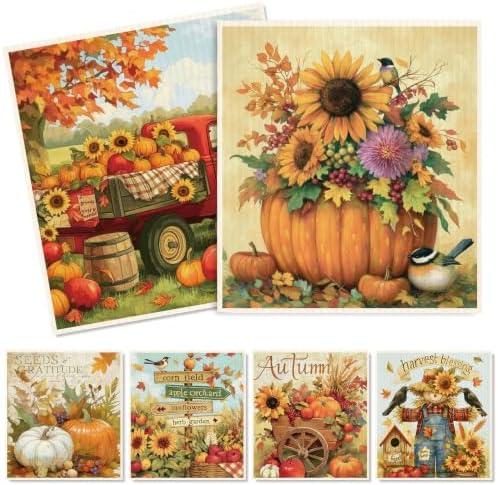 FYSUIMU Fall Swedish Dishcloths, Pumpkin, Sunflower, 6 Pcs, 7 x 8 Inch