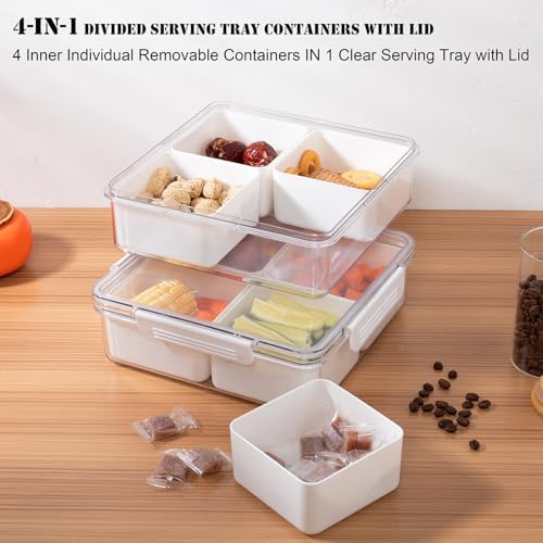 2pack Divided Serving Tray with Lid, 4 Compartment Removable Snack