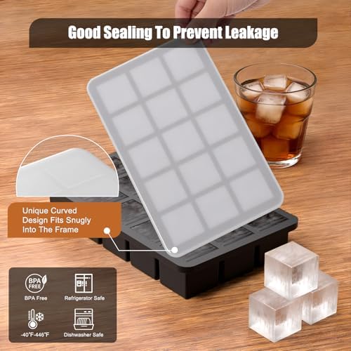 1.3" Small Square Silicone Ice Cube Tray for Freezer, 15 Cavity Big