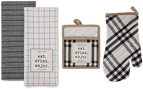 DII Farmhouse Potholder, Oven Mitt and Dishtowel Set, 4 Count