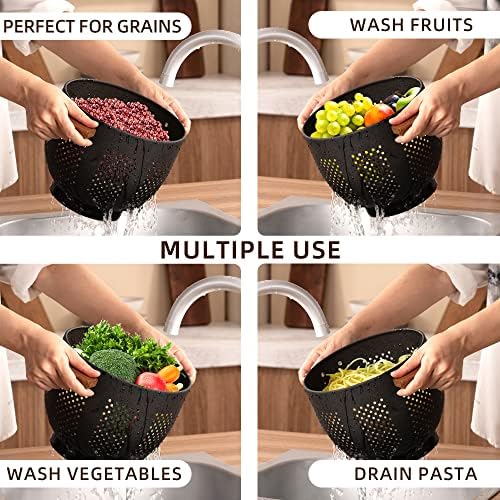 Metal Colander with Wood Handle and Stable Base, Powder Coated Steel
