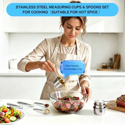 8 PCS Stainless Steel Measuring Cups and Spoons Set, Engraved Metric &