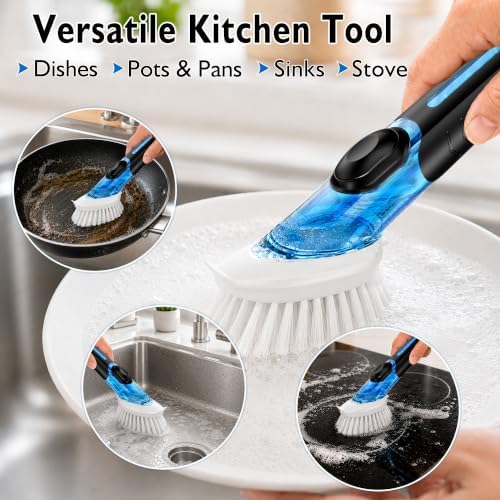 Soap Dispensing Dish Brush with Holder and 2 Refill Heads
