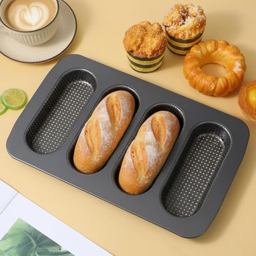 2 Pcs Hot Dog Bun Pan, 4 Cavity Perforated Carbon Steel Bread Loaf