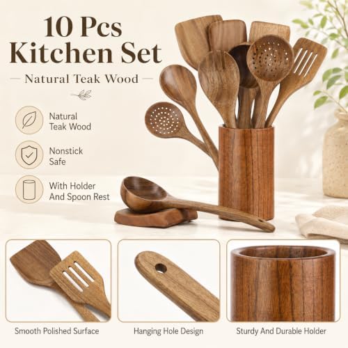 10-Piece Natural Teak Wood Kitchen Utensil Set with Holder
