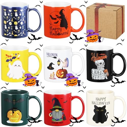 Maxdot 8 Pcs Halloween Ceramic Coffee Mugs Set 12 oz with Handle