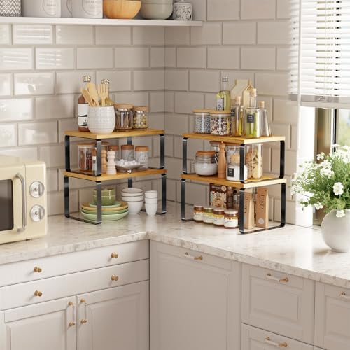 Simple Trending Bamboo Cabinet Organizer Shelf, Set of 2 Kitchen Counter Shelves, Stackable Expandable Spice Rack Kitchen Storage, Black and Natural Beige