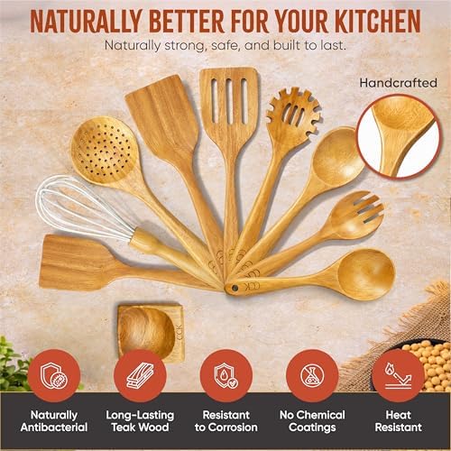 10 Pcs Natural Teak Wooden Utensil Set with Hooks